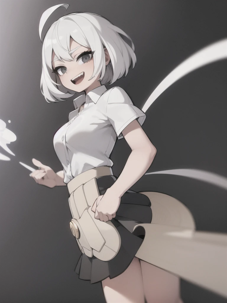 ((masterpiece, best quality)), (1girl), (solo), (female focus), (ahoge, white hair, short hair), black eyes, light smile, open mouth, ((white shirt), (buttoned shirt), (button gap)), ((black skirt), (( naked skirt)), standing, white background, arms behind back, dynamic angle