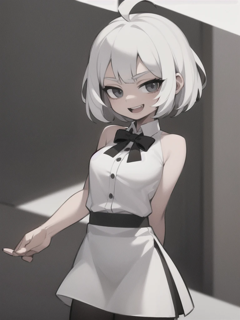 ((masterpiece, best quality)), (1girl), (solo), (female focus), (ahoge, white hair, short hair), black eyes, light smile, open mouth, ((white shirt), (buttoned shirt), (button gap)), ((black skirt), (( naked skirt)), standing, white background, arms behind back, dynamic angle