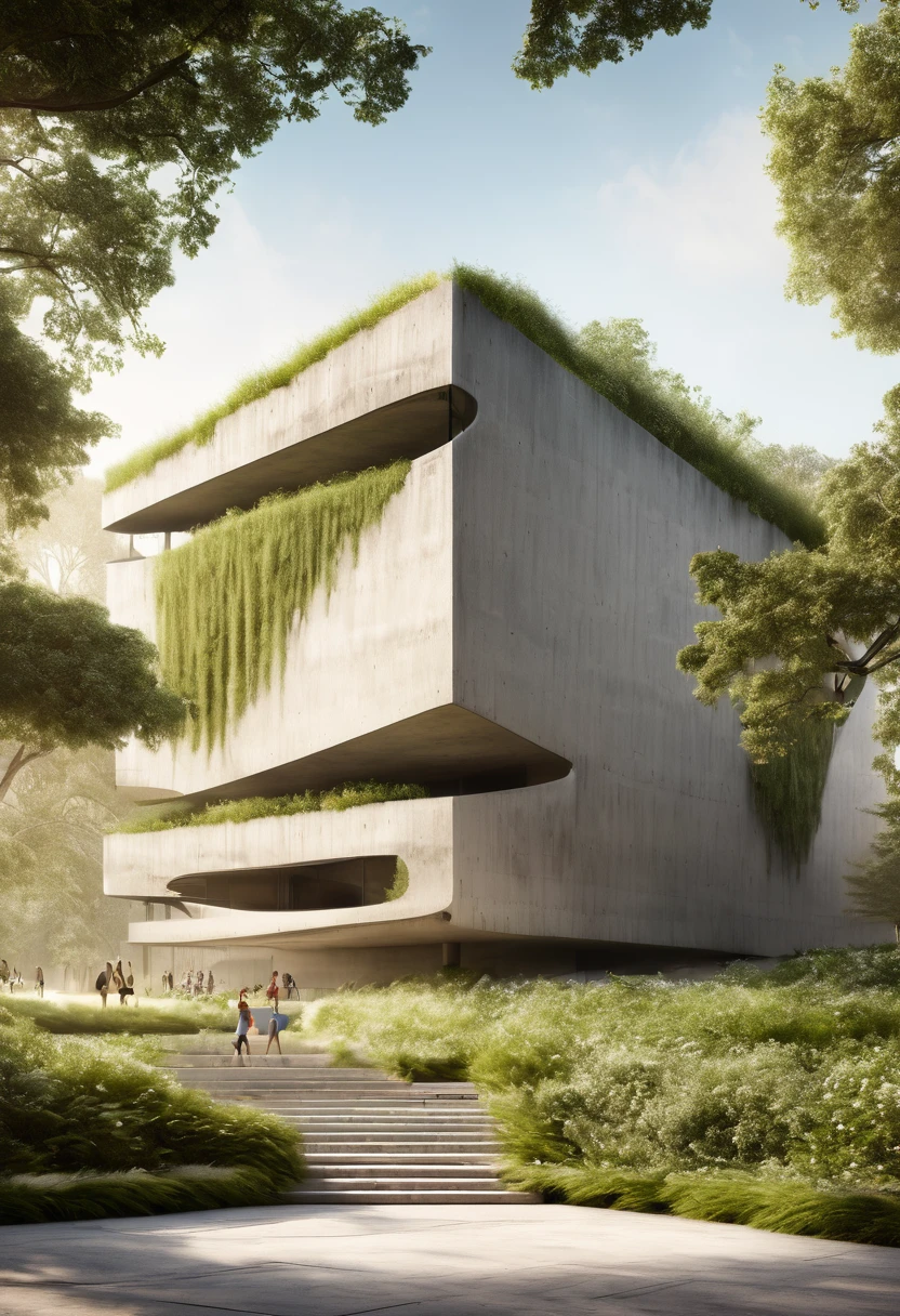 The exposed concrete music hall stands in a lush park.