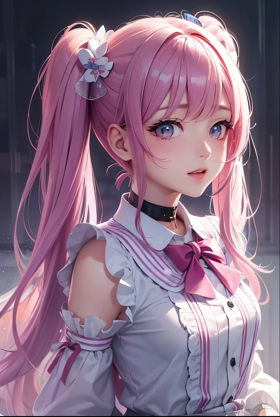 masterpiece, best quality, highly detailed, high resolution, expensive resolution, high resolution, 4k, 8k, uniform 8k wallpaper, highly detailed CG, masterpiece, 2d, 3d, beautiful details, depth, fine texture, best quality: 1.3, perfectly focused, sharp. skin, him, very cute anime girl, her name is Mei, short pigtails, idol, in the rain, expensive pink short pigtails, mole under eye, looking at the viewer, expensive, blush, mole, open lips, pink eyes, heart shaped choker, smiling face