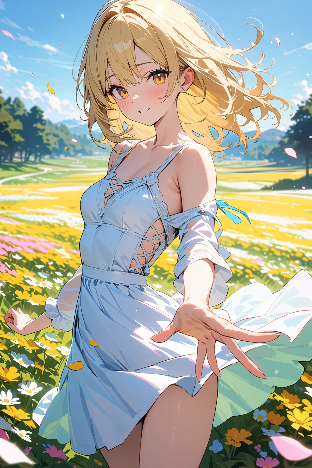 (masterpiece, best quality:1.5), (ultra detailed, high resolution, 8k, beautiful detailed, UHD, best anatomy), blonde hair, flat breasts, 1 cute girl, knee-length dress, Flower fields spread over meadows, got his hands outstretched, Petals are dancing in the wind