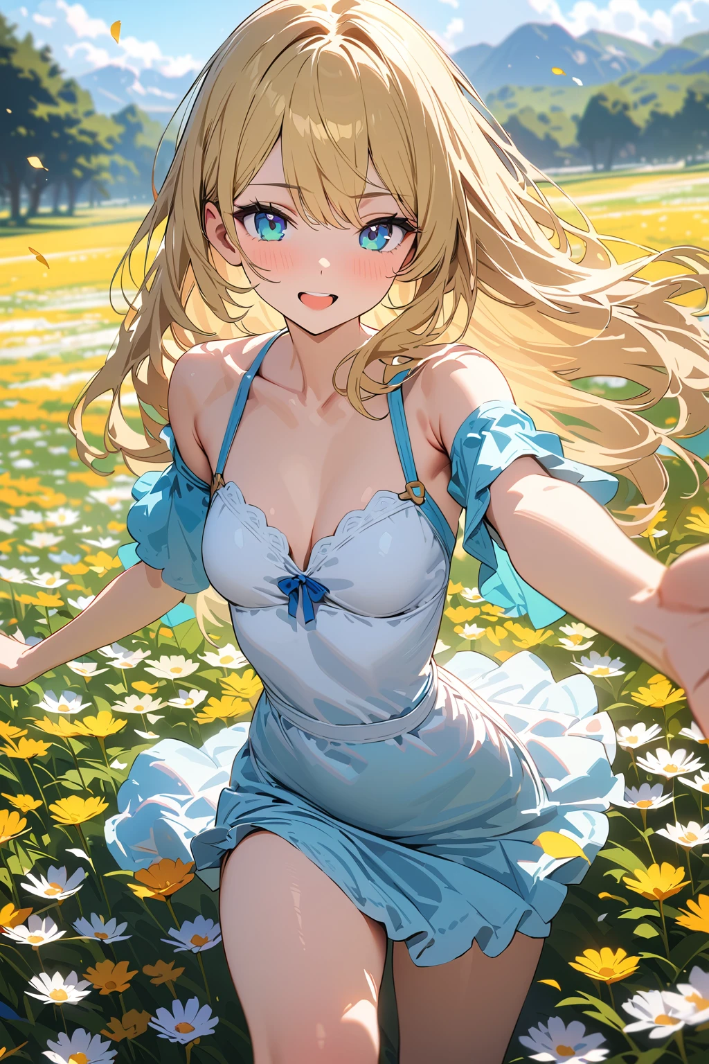 (masterpiece, best quality:1.5), (ultra detailed, high resolution, 8k, beautiful detailed, UHD, best anatomy), blonde hair, flat breasts, 1 cute girl, knee-length dress, Flower fields spread over meadows, got his hands outstretched, Petals are dancing in the wind
