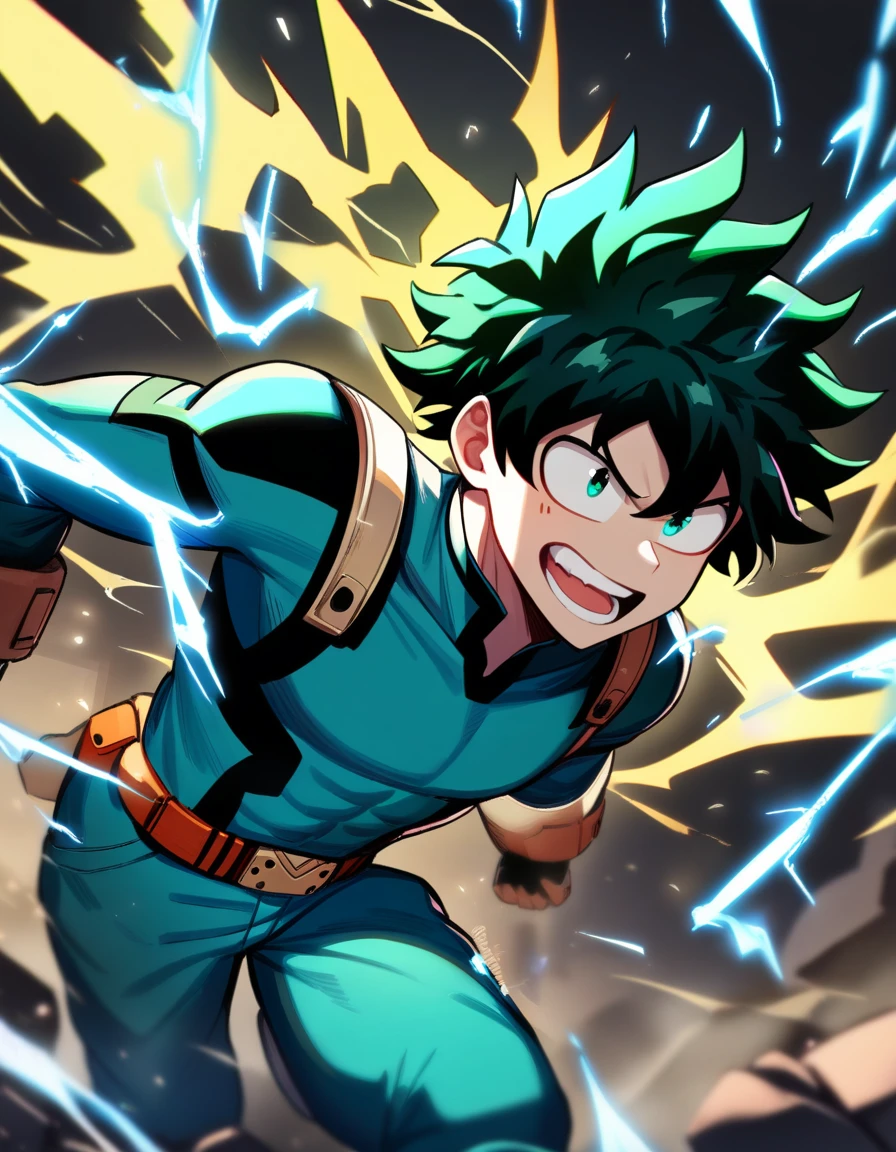 1 boy, Male focus, Izuku Midoriya, My Hero Academia, Injuried, electricity,, masterpiece, best quality, very aesthetic, absurd