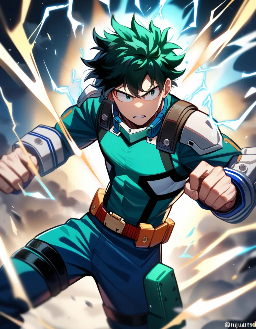 1 boy, Male focus, Izuku Midoriya, My Hero Academia, Injuried, electricity,, masterpiece, best quality, very aesthetic, absurd