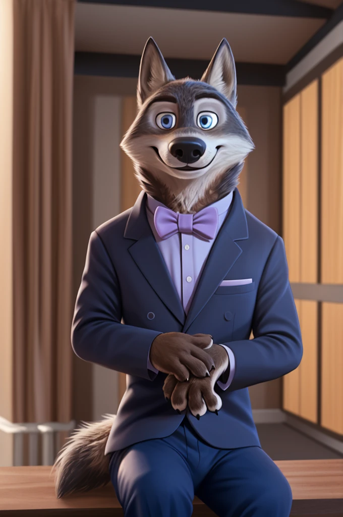 Larry (Zootopia), wolf, Gray Fur, (brown body:1.3), beautiful blue eyes, Zootopia, dressed,blazer,pink shirt,trousers,bow tie, canine,wolf, Detailed fur, male, antro, paw pads, finger claws,одевает bow tie, Plays,at viewer, 5 fingers, paws, 4 toes, in the marriage palace, groom, next to stepfather, белый wolf, 
BREAK from nextel, for dating, by xenoforge, (difficult, high detail,digital photography, soft focus, RAW, close to the camera, smile, positive, good, mood, Houses, looks at the viewer, очень close to the camera танцевальный зал, dancing tango,dance teacher, ring on a finger, is sitting. 
Photorealism, realistic, photorealistic,digital style, Subsurface scattering,очень close to the camera
шедевр, Best quality, ultra realistic, 8 k)