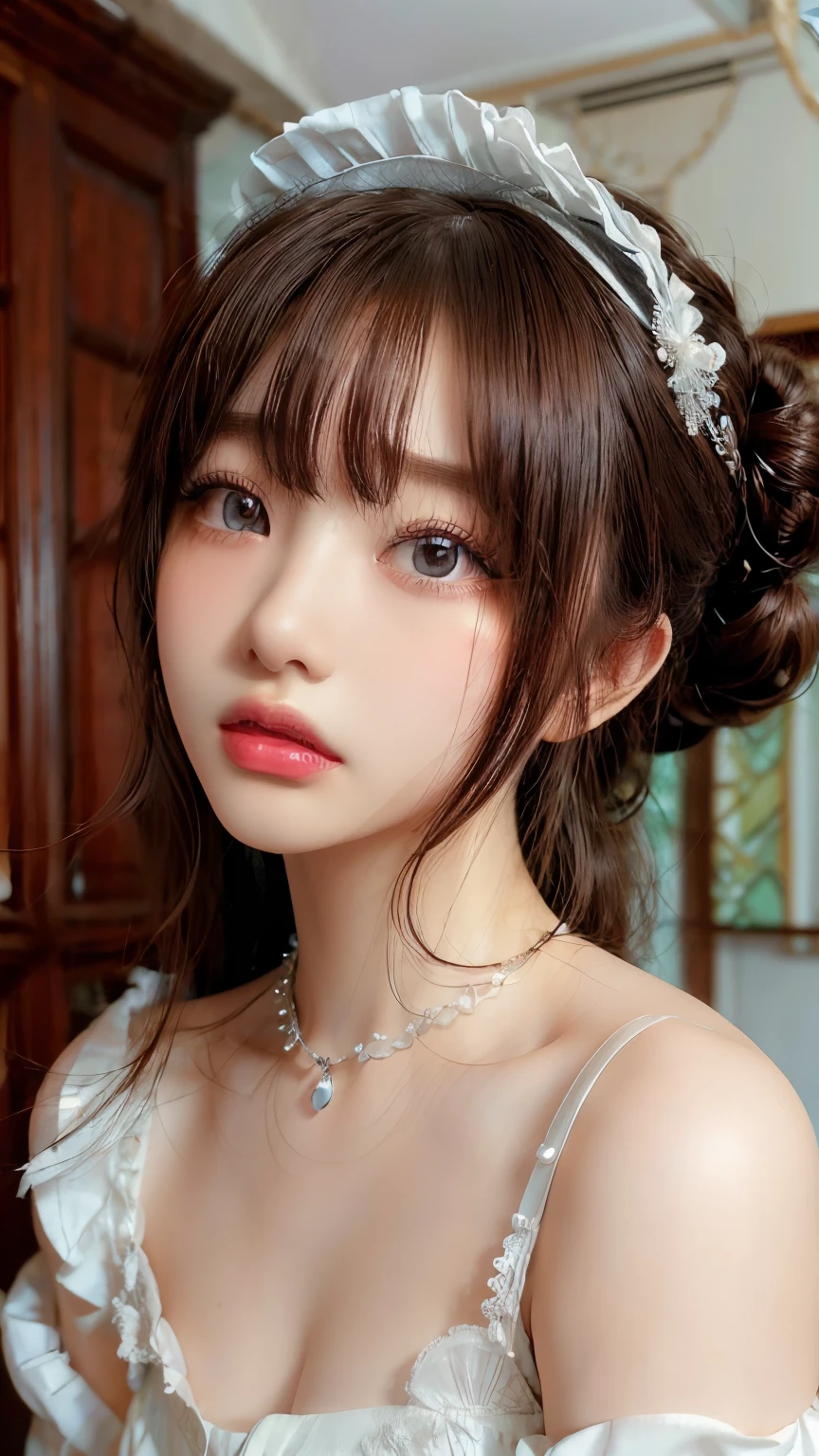 ((Highest quality)),(Ultra-high resolution),(Very detailed),(Detailed Description),((The best CG)),(masterpiece),Very detailedなアート、Small breasts、Whitening 1.5、Clear skin quality、(((Maid uniform 1.5)))、(((1.5)))、Ribbon hair ornament、(((Bun hair 1.5)))、(((1.5)))Tying up hair、Glitter Necklace、Ultimate Beauty 1.5、((( 1.5)))、Open your mouth、