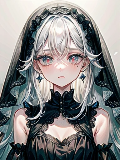 whole body, Sickly girl, Black Dress, Face Veil, Mansion, hole, Absurd, RAW Photos, Very delicate and beautiful, masterpiece, Highest quality, Ultra-high resolution, 32k, Surreal, Very detailed explanation, Pale skin, 20-year-old, Beautiful face and eyes in every detail, Tearful mole, Earrings, Wavy short medium hair,