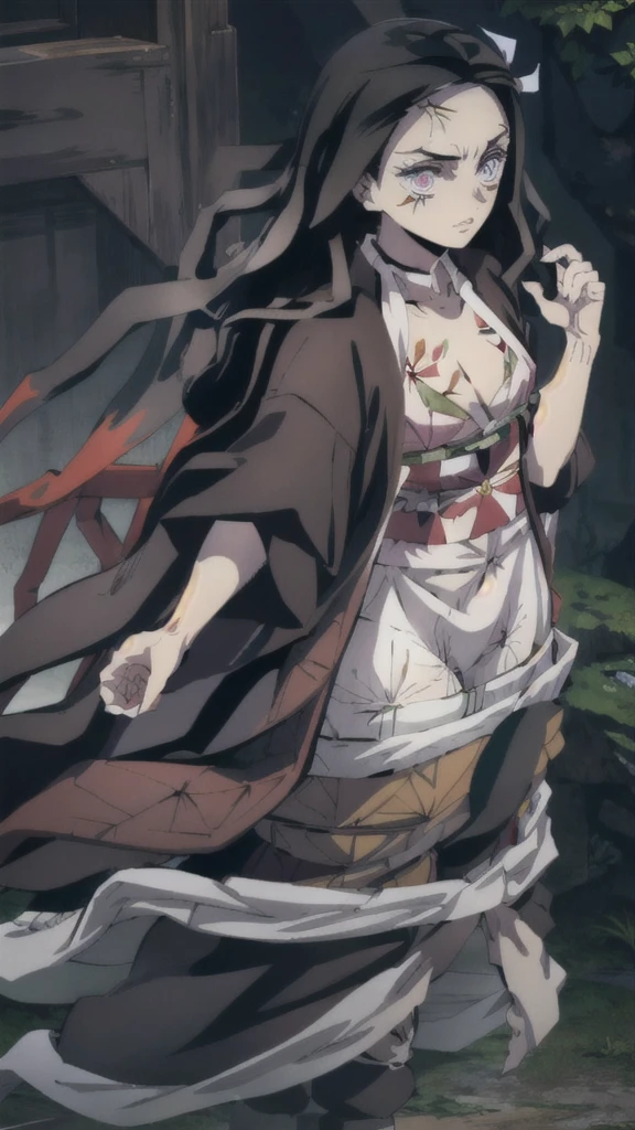 (Highest quality),(masterpiece), 8k,Very detailed, Detailed light, Best Shadow,Detailed reflective eyes, Beautiful Eyes, Very detailedな顔,Shiny Hair,sexy,Big Breasts,Charm,One person,Gloss,nezuko,Demon slayer,kimono,Black Hair,Wisteria flower,Fantasy,Charm, Blushing,Expressionless,tearsを流す,tears,looking at the camera,front,Bamboo,口元にBamboo,Demonization,