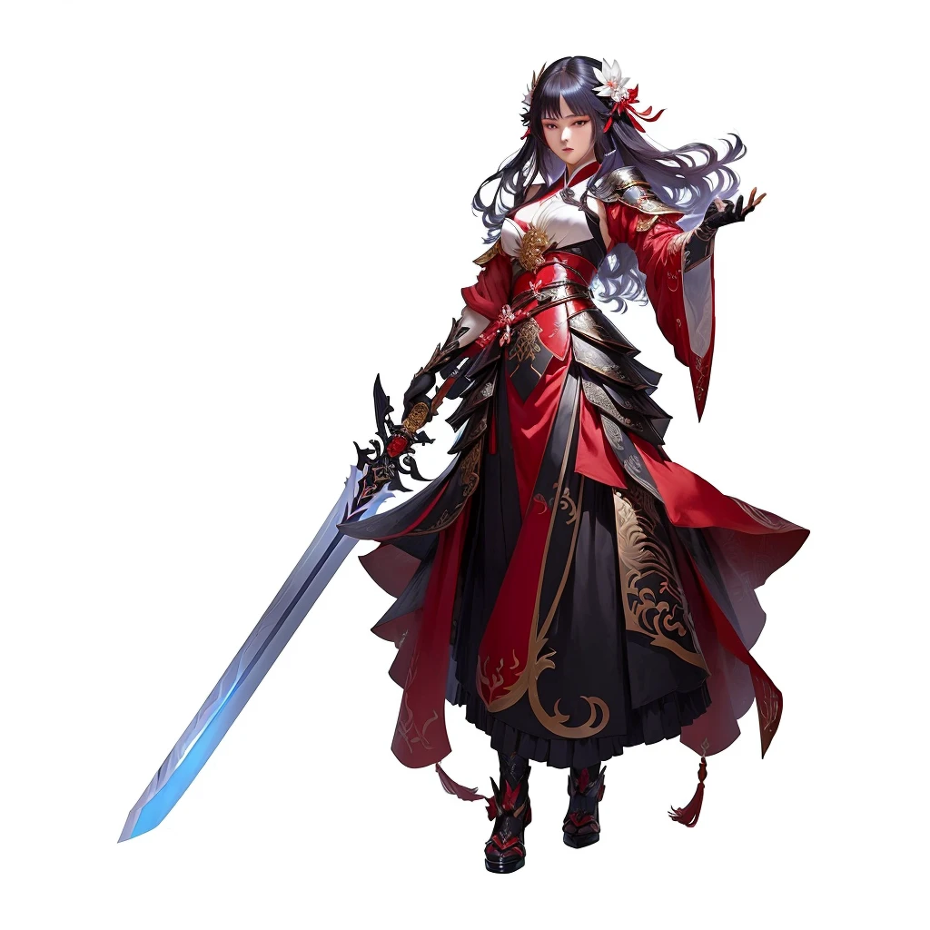 A man holding a sword、Close-up of woman in dress,Dressed in red, Full body fairy, Full body martial arts, Onmyoji detailed art, she is holding a sword, Inspired by Guillaume, heise jinyao, Inspiration from Du Qiong, 剑 zero video game character,Long Sword, xianxia hero