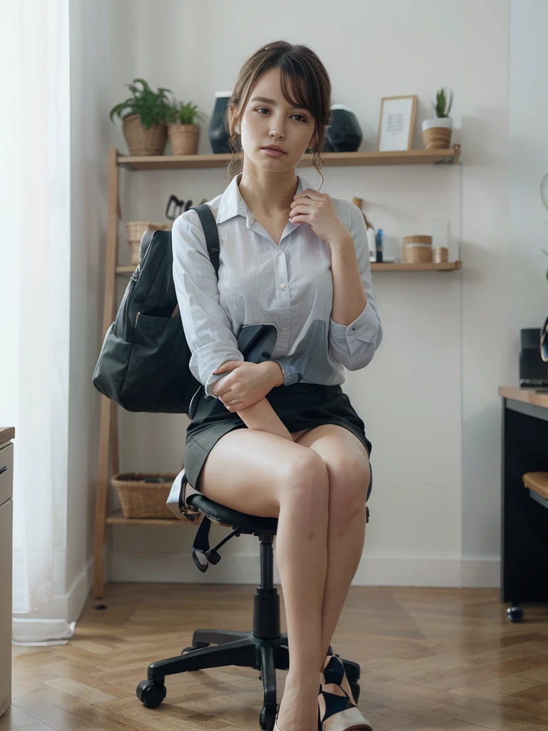 upper-class elite secretary in slightly open formal blouse, Working in the office、Wearing a long miniskirt, naked legs、Wear black high-end open heels Girl in a shirt, Wearing a dark green long miniskirt , short curly bob hair, Wearing a business white blouse, in a thight long miniskirt, businesswoman, crossed legs , Wear a shirt and skirt, Woman in business suit, business outfit, Raw photo, (8K、top-quality、masterpiece:1.4)、(intricate detailes:1.4)、(Photorealsitic:1.4)、octane renderings、Complex 3D rendering ultra detail, Studio Soft Light, Rim Lights, vibrant detail, super detailing, realistic skin textures, Detail Face, Beautiful detail eyes, Very detailed CG Unity 16k wallpaper, make - up, (detailedbackground:1.4), tightly crossed right legs!!!, full body view sitting on a chair, full display legs feet!, display feet’s open high heels, crossed legs, view from feet to face full view