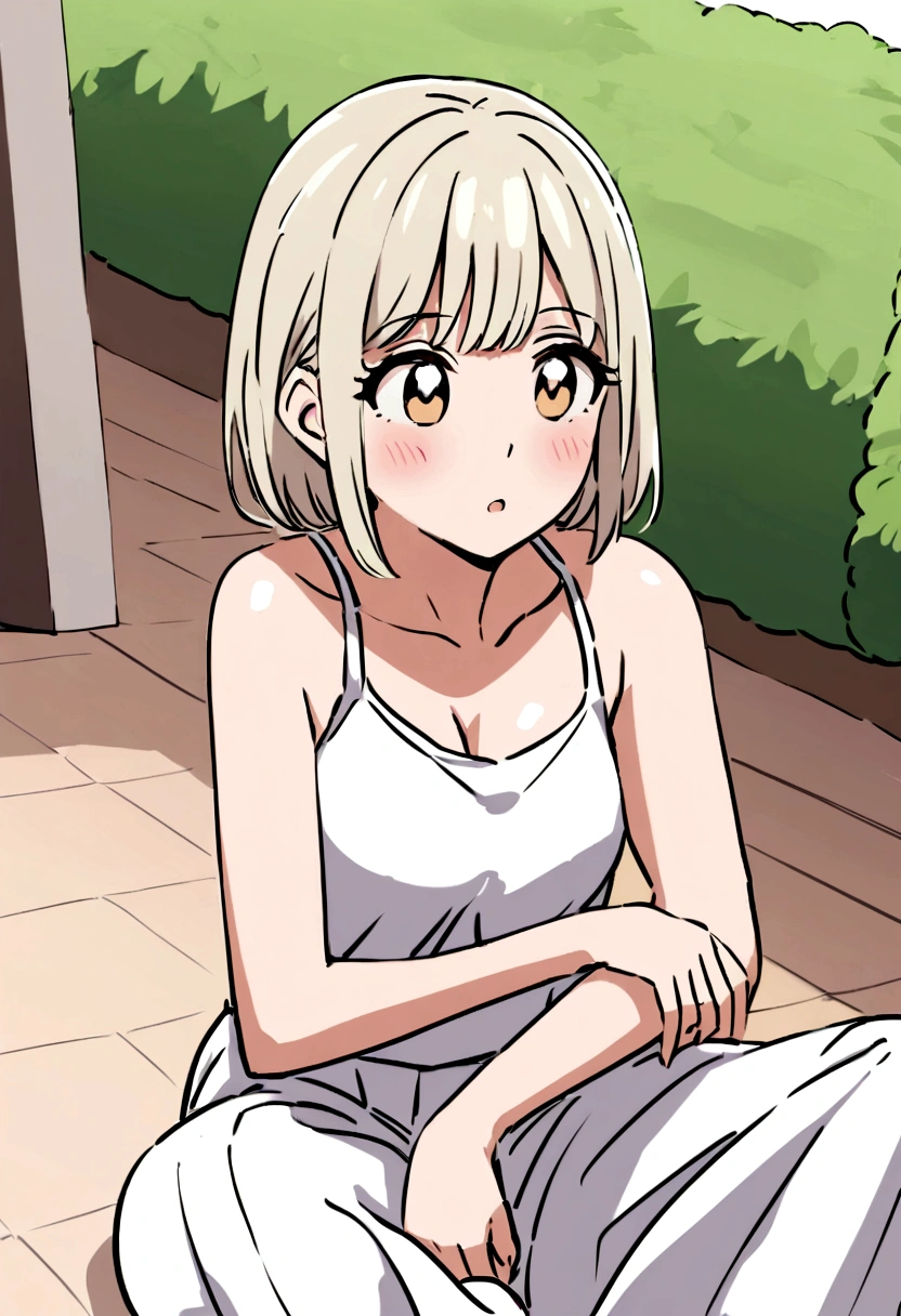 skinny, small breasts, anorexic, white nightgown, white panties, short blonde hair, tomboy, small height, lying on the bed, angry face,  light brown eyes