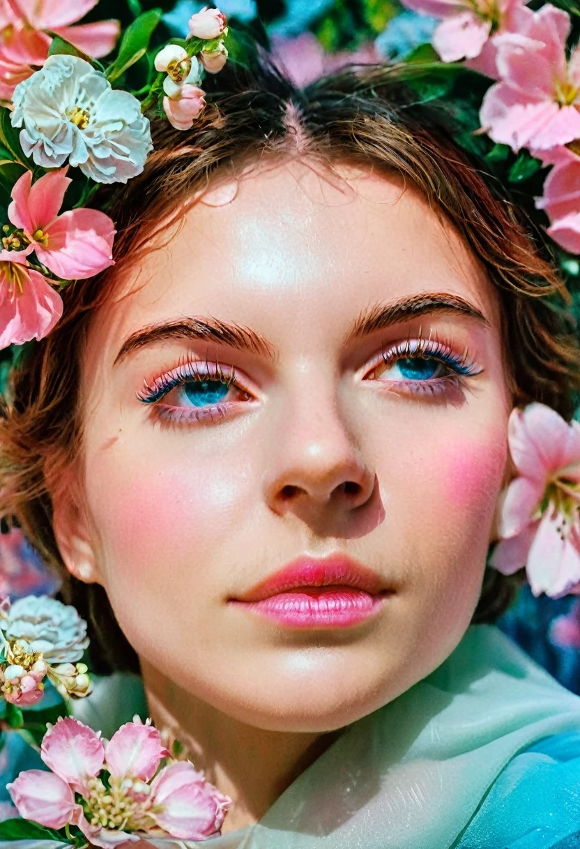 Hyperreal surreal portrait of a woman, digital artwork by Christian Hilfgott Brand, woman portrait, surreal, Hyper realistic, 8K resolution, high definition, detailed facial features, vibrant colors like pink and blue, dreamlike atmosphere, flowers in hair, gentle smile, closed eyes, mystical expression, ethereal quality, realistic texture. cinematographic photography