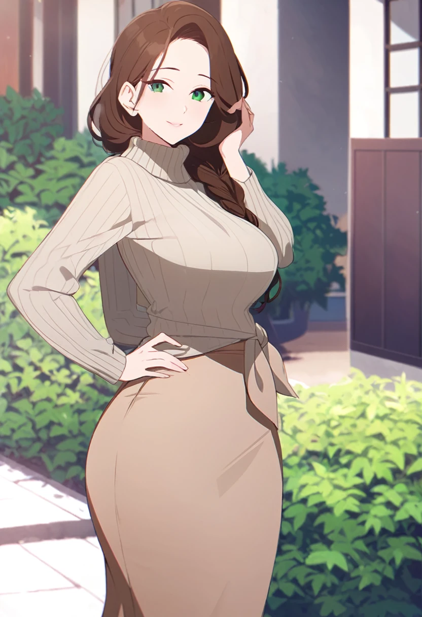 (One tall woman,Light Brown Hair,Hairstyle is long side ponytail,Green Eyes,Medium chest,Wide thighs,A little bit chubby,Hair grows down to the shoulders)Pale yellow vertical sweater,Light green long skirt