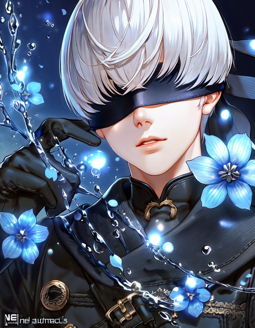 Ultra detailed, highres, absurdres, HDR, master piece, 9S, white hair with bangs, blindfolded eyes, black clothes, black gloves, Nier Automata, blue petals, sexy man, solo, best quality, blue blossoms, blue shining fireflies, fantasy, magical, handsome, blue moon, blue flowers, magic, water