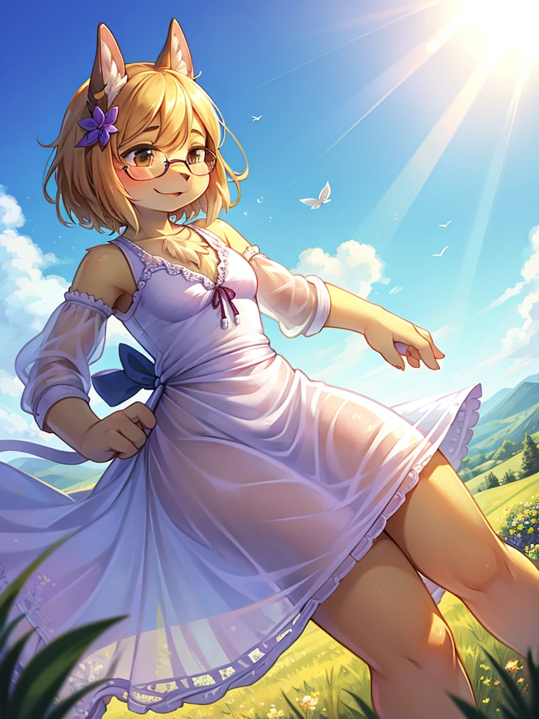 Hallucination , ugly geek Sow , butterface , relaxed Fluttering white thin dress , Dancing on the top of hill , halation , Strong sunlight , The fabric is see-through, so your skin is visible , Clothing erotica