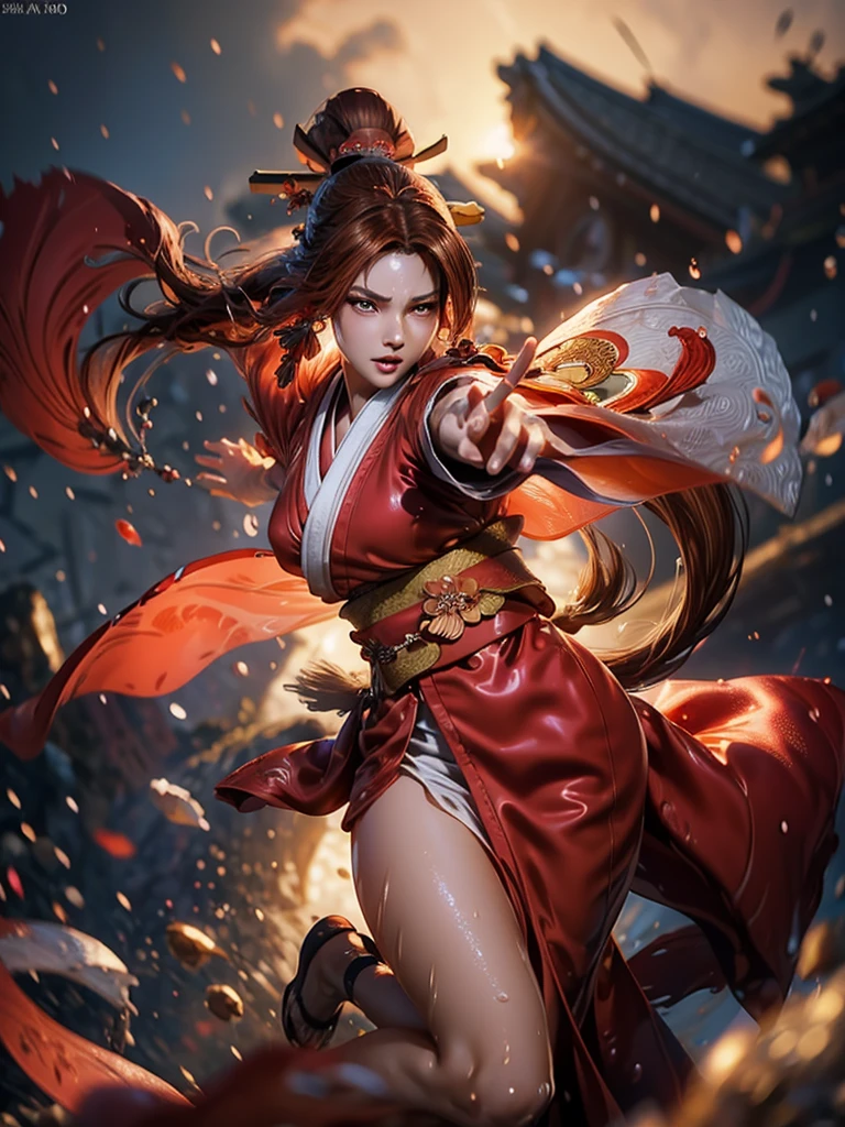 (exquisitely detailed CG unity 8k wallpaper, masterpiece-quality with stunning realism), (best illumination, best shadow), (best quality), (elegant style:1.2), Arti modern anime. angled view, heroic pose, (cel-shading style:1.3), centered image, ultra detailed closeup portrait of (Mai Shiranui:1) from (King of Fighters), best quality, expressive eyes, perfect face, highres, (ultra details), 1 girl, solo, (brown hair:1), hair ornament, eyeshadow, (gold, white and mainly red qipao:1), highly ornamented, (in Tokyo City:1), portrait, looking at the viewer, piercing eyes, full body, (light from the angle:1) (wind blowing:1.2).(depth of field effects:1.3) (motion action:1.2) (closeup:1.2) (motion blur effects:1), Thin to transparent,see-through, (((Soggy-kimono:1.2))),Lace fabric, (((water-immersed body: 0.9))), jewellery, (holding an oriental fan on fire:.8), (asian face:1), nail polish, makeup , (fighting attack pose:1.2), (spinning turning around:1), (clothing on fire with flames:1)