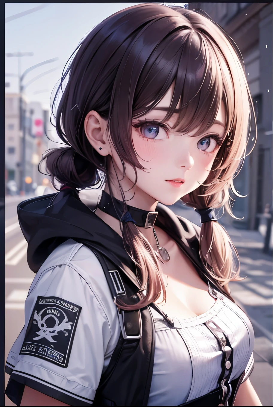 masterpiece, best quality, highly detailed, high resolution, expensive resolution, high resolution, 4k, 8k, uniform 8k wallpaper, highly detailed CG, masterpiece, 2d, 3d, beautiful details, depth, fine texture, best quality: 1.3, perfectly focused, sharp. skin, him, very cute anime girl, her name is Mei, short pigtails, idol, in the rain, expensive pink short pigtails, mole under eye, looking at the viewer, expensive, blush, mole, open lips, pink eyes, heart shaped choker, smiling face