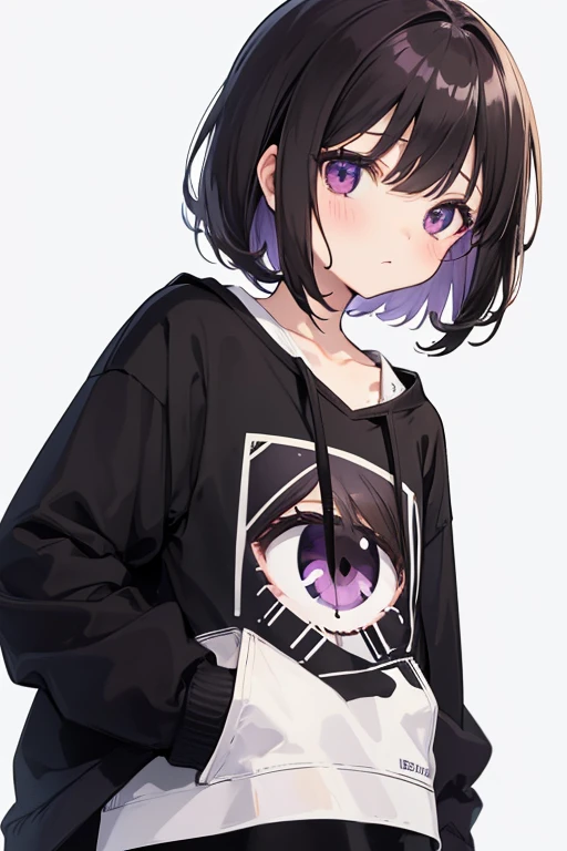 Girl with short messy brown hair with bangs, purples eyes, Appearance exhausted, small, Black and white sweatshirt, chibi, hentai