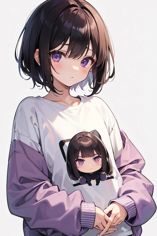 Girl with short messy brown hair with bangs, purples eyes, Appearance exhausted, small, Black and white sweatshirt, chibi, hentai