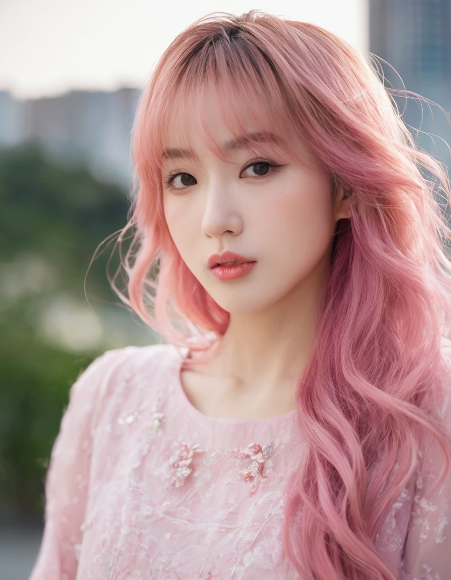 (8k、RAW Photography、Top image quality、masterpiece:1.2)、(realisitic、Photorealsitic:1.37)、Top image quality、超A high resolution、photon maping、Radio City、Physically Based Rendering、1girl、Beautuful Women with long pink hair, messy hair、girl、photographed on a Nikon D850、Nikon AF-S Nikkor 58mm f1.4G lens,long pink hair