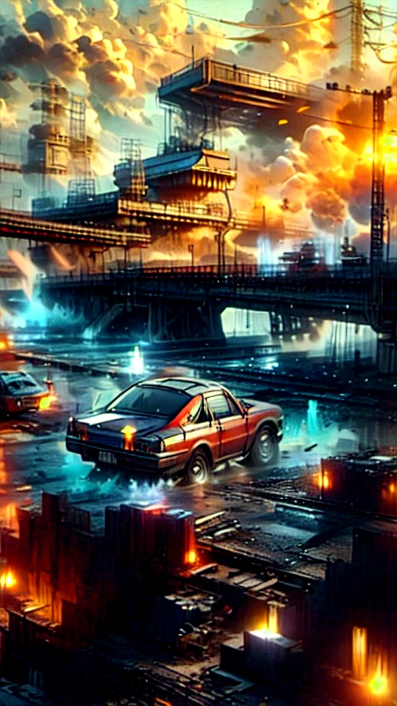 A asian beautiful giant robot, with red details, walking in a bridge, many abandoned cars, post apocalyptic scene. The illustration is in high definition at 4k resolution, with highly-detailed  features and cinema-style visuals. Animation 3d style, hyper realistic, 60mpx, cold cinematic illumination, high steel textures, many reflects in your body. Wide view, aerea view