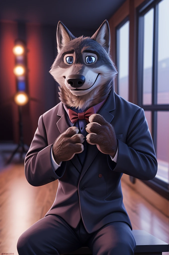 Larry (Zootopia), wolf, Gray Fur, (brown body:1.3), beautiful blue eyes, Zootopia, dressed,burgundy blazer,pink shirt,trousers,bow tie, canine,wolf, Detailed fur, male, antro, paw pads, finger claws,одевает bow tie, Plays,at viewer, 5 fingers, paws, 4 toes, in the marriage palace, groom, next to stepfather, белый wolf, 
BREAK from nextel, for dating, by xenoforge, (difficult, high detail,digital photography, soft focus, RAW, close to the camera, smile, positive, good, mood, Houses, looks at the viewer, очень close to the camera танцевальный зал, dancing tango,dance teacher, ring on a finger, is sitting. 
Photorealism, realistic, photorealistic,digital style, Subsurface scattering,очень close to the camera
шедевр, Best quality, ultra realistic, 8 k)