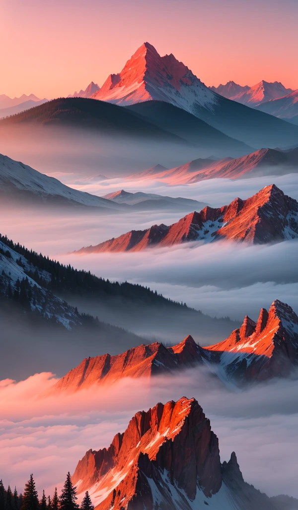 A serene mountain landscape at sunrise with mist rolling over the peaks, the sky painted in hues of orange and pink.
