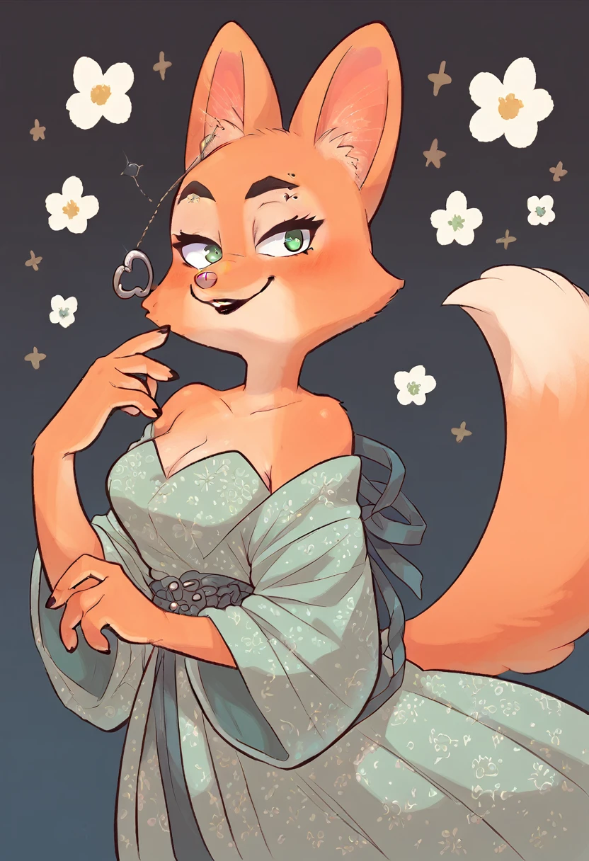 Diane foxington, ginger fur, emerald eyes, black lipstick, black eyebrows, silver piercings on eyebrow, fox tail, white long dress, smirk