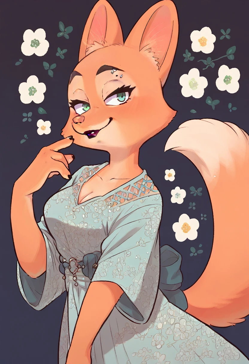 Diane foxington, ginger fur, emerald eyes, black lipstick, black eyebrows, silver piercings on eyebrow, fox tail, white long dress, smirk