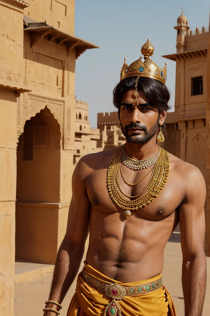 An Indian Prince, tall handsome and wheatish in color, hairs in a tiny bun and hehas a jawline. His body is adorned with Jewelleries. stand in front of Jaisalmer Fort. Wear crown on head. ((Best quality))