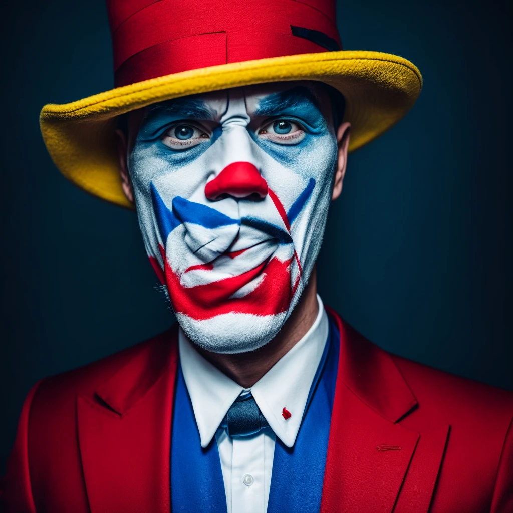 Light pink around the eyes,映画Jokerのような,hair is yellow,Hats come in three colors,Realな人間,Illustration is different,clown,Joker,Face white,Cross painted on eyes,Yellow hair,Three-color hat,whole body,4K,high resolution,uncle,Real,Real Humans,Man in his 40s,The hat is white, blue and red,Star-patterned clothing,White gloves,Big red paint on mouth,The hat is white, red and blue,whole bodyは青と赤と白,bow tie is red,The hat is white with red and blue stripes.,Scary face,Angry,Vertical stripes,