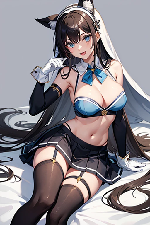 one woman, solo, long hair, breasts, looking at viewer, smiling, open mouth, blue eyes, skirt, simple background, brown hair, knee-highs, gloves, white background, ribbon, navel, animal ears, exposed shoulders, underwear, tail, hair ribbon, ponytail, white hair, :d, thighs, multi-colored hair, pleated skirt, hairband, very large breasts, , large breasts, sleeveless, elbow gloves, fangs, abdomen, striped, white gloves, miniskirt, sailor collar, stomach, two-tone hair, blue skirt, striped hair, crop top, neckerchief, cosplay, skin dentation, high-cut, striped knee-highs, , black hair, hair accessories, gloves, sitting, yellow eyes, thighs, white gloves, exposed navel, thigh straps, heterochromia, skimpy clothing, nun, nun's habit, chest curtain、（nsfw:1.9）