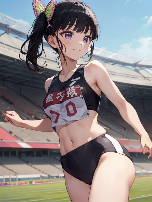 Highest quality, masterpiece, Athletics Stadium, Are standing、１People Women、Female track and field athlete、 ((Sweat))、Athletics Stadiumのコース、cute、girl, Athletics part, 複数のgirlスターピースアスターピース, Highest quality , Small breasts, Group photo, A radiant smile、(((View from below)))、(((Spread your legs)))