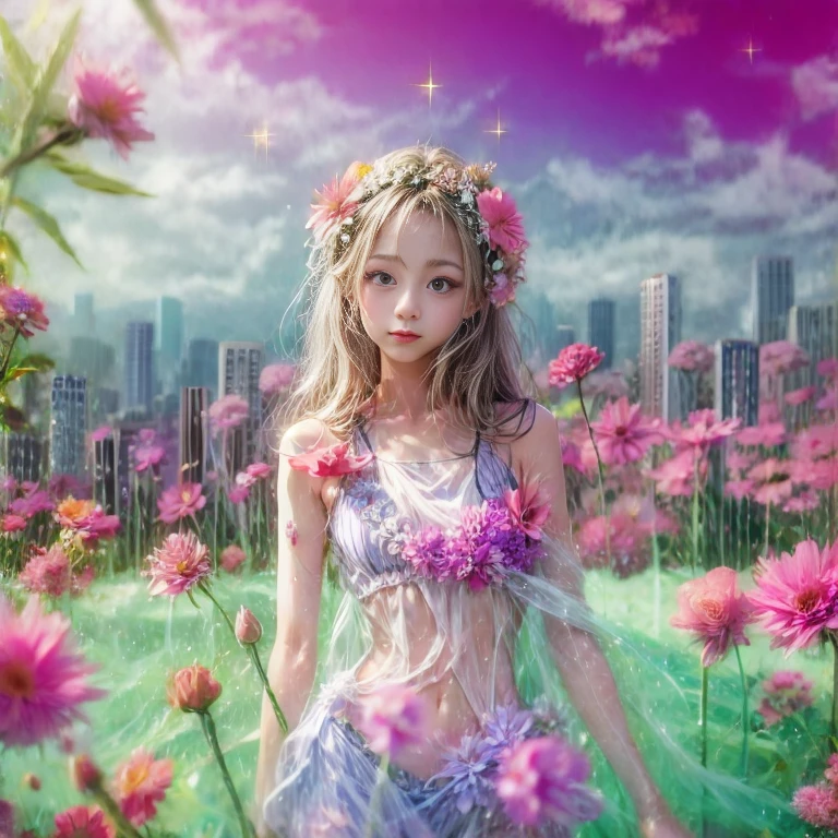 White and Crimson in Pearly RainbowColors,ExtremelyDetailed(ProfessionalPhoto of Girl Floating in the Sky:1.37)ZoomLayer{Stunning|Mystic|GodRays|Haze}, 280th floor infinity pool, Tallest building in the urban forest, {Around bonsai|Luo Han Song|coconut palms|tulips|Rose flower}, (Masterpiece 8K TopQuality:1.2),  (ExtremelyDetailed NOGIZAKA face and Eyes:1.37)ElaboratePupils with (SparklingHighlights:1.28) DoubleEyelids with Voluminous LongEyelashes RosyCheeks (Joyful Expressions LifeLike Rendering)MotionBlur  BREAK   Detailed impeccable Radiant PearlSkin with Transparency, Skinny(SchoolSwimwear) {(HiddenHand)|((Corrected BabyLike Hand))} (Whole Body Proportions and all limbs are Anatomically Accurate), (FlowerWreath WrappedBody Flowers Covering girl's body Full of Flowers){Dazzling RainbowColorHorizon|ColorfulSky|ColorfulClouds|Starly Stars}(extra limbs:-1.4)(Not Detailed Face:-1.4)(Not Detailed Hand:-1.4)