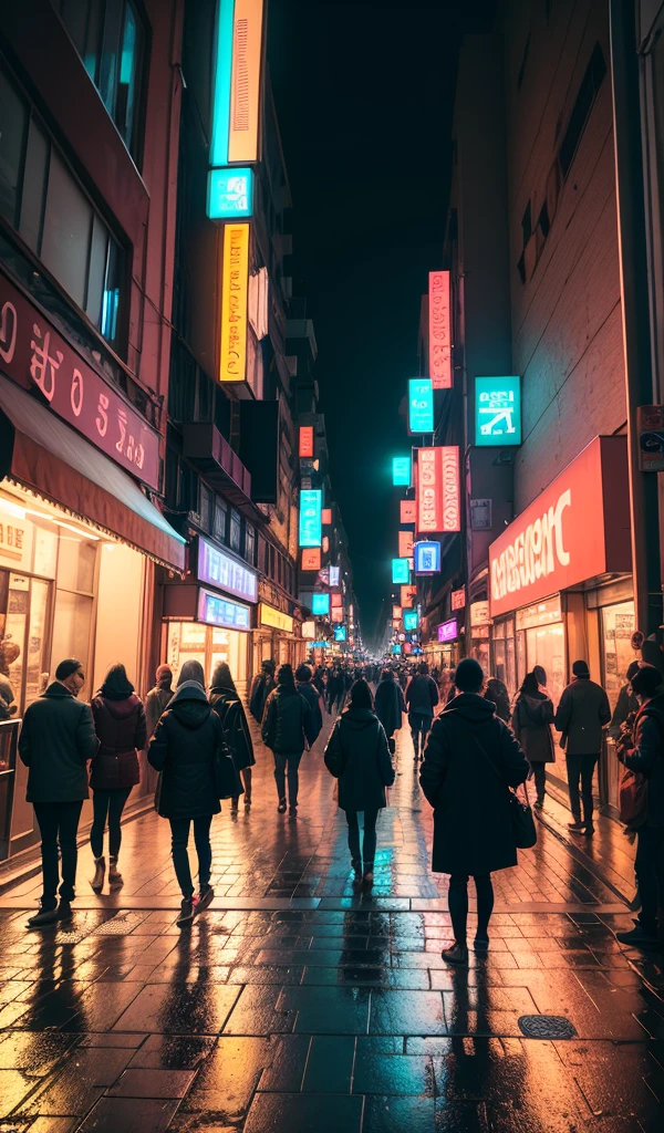A bustling city street at night with neon signs, busy pedestrians, and reflections on wet pavement.