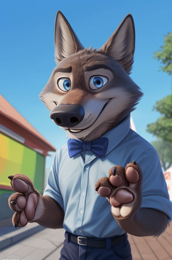 Larry (Zootopia), wolf, Gray Fur, (brown body:1.3), beautiful blue eyes, Zootopia, dressed,shirt bow tie,trousers, canine,wolf, detailed fur, male, second, paw pads, finger claws, viewer, 5 fingers, paws, 4 toes,holds, times, close to the camera, Amusement park, shirt, bow tie, 
BREAK from nextel, for dating, by xenoforge, (difficult, high detail,digital photography, soft focus, RAW, close to the camera, smile, positive, Good, mood, Houses, смотрит на viewer, очень close to the camera, goes on a date, 
Photorealism, realistic, photorealistic,digital style, Subsurface scattering,очень close to the camera кольцо на пальце руки,father of his daughter, 
masterpiece, Best quality, ultra realistic, 8 thousand.)