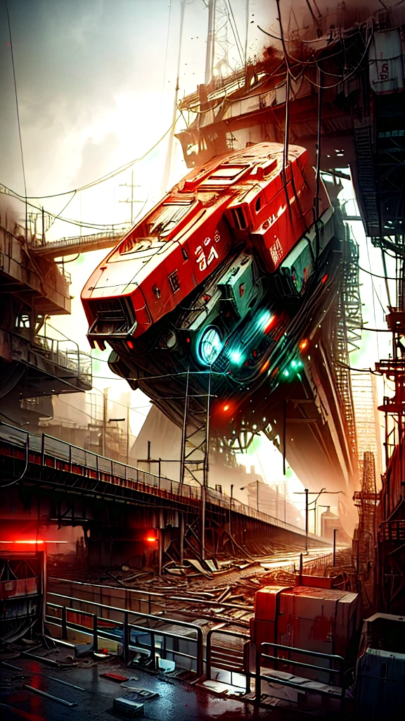 A giant robot, with red details, in a bridge, many abandoned cars, post apocalyptic scene. The illustration is in high definition at 4k resolution, with highly-detailed  features and cinema-style visuals. Animation 3d style, hyper realistic, 60mpx, cold cinematic illumination, high steel textures, many reflects in your body. Wide view, aerea view