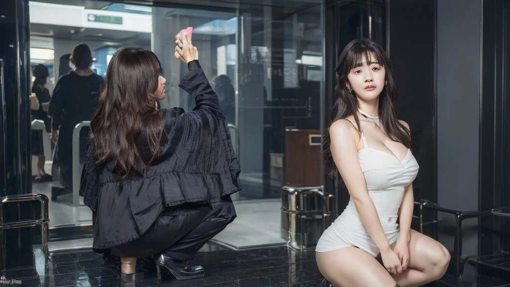 ((best quality, 8k, masterpiece: 1.3)), sharp: 1.2, perfect body beauty: 1.4, black sunglasses, slender abs: 1.2, ((layered hairstyle, big breasts: 1.2)), (bandeau dress white: 1.1 ), city streets: 1.2, highly detailed facial and skin textures, detailed eyes, double eyelids, long brown hair, thin dress, hands behind, squatting, slightly revealing panties, revealing cleavage.
