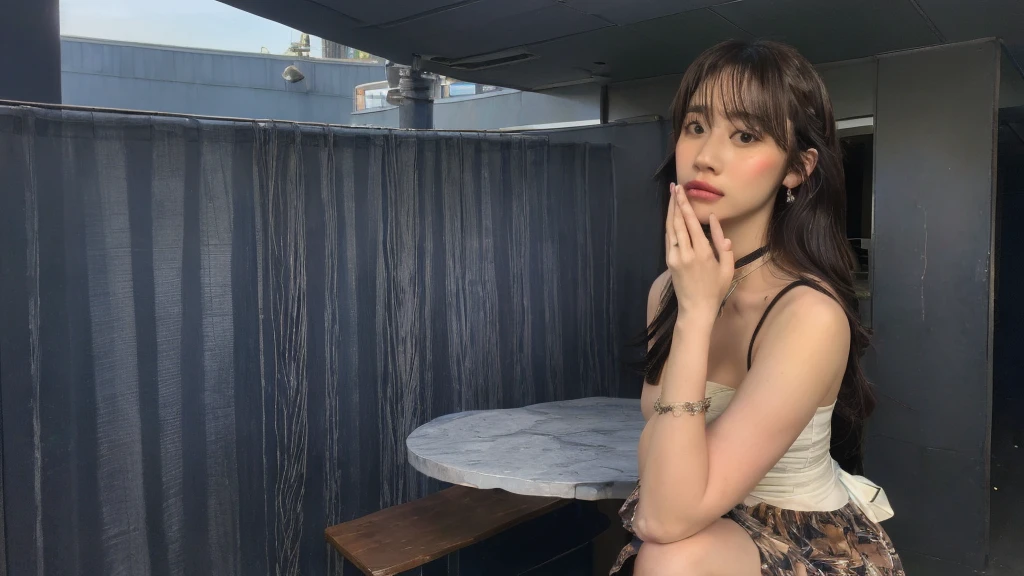 ((best quality, 8k, masterpiece: 1.3)), sharp: 1.2, perfect body beauty: 1.4, black sunglasses, slender abs: 1.2, ((layered hairstyle, big breasts: 1.2)), (bandeau dress white: 1.1 ), city streets: 1.2, highly detailed facial and skin textures, detailed eyes, double eyelids, long brown hair, thin dress, hands behind, squatting, slightly revealing panties, revealing cleavage.