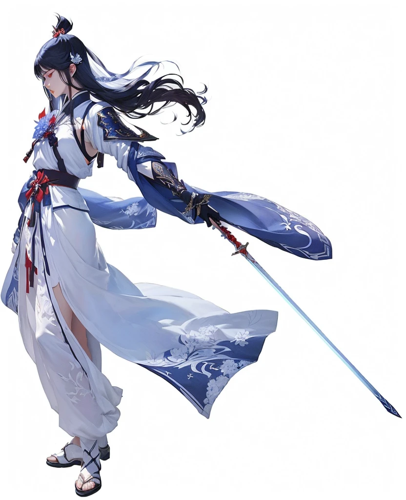 A man in white holding a sword，Dressed in red, Full body fairy, Full body martial arts, Onmyoji detailed art, she is holding a sword, Inspired by Guillaume, heise jinyao, Inspiration from Du Qiong, 剑 zero video game character,Long Sword, xianxia hero