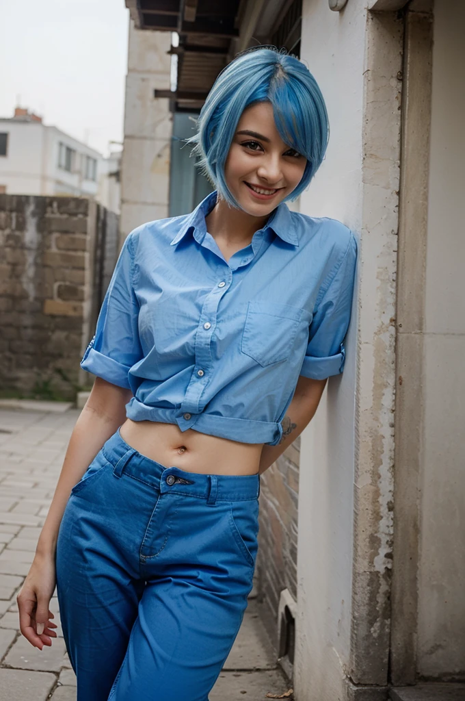 A  with blue hair is smiling sweetly while wearing a stylish blue shirt and blue trousers 