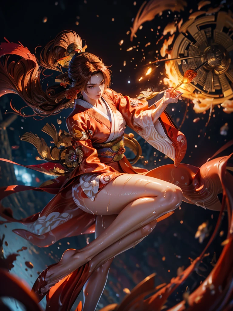 (exquisitely detailed CG unity 8k wallpaper, masterpiece-quality with stunning realism), (best illumination, best shadow), (best quality), (elegant style:1.2), Arti modern anime. angled view, heroic pose, (cel-shading style:1.3), centered image, ultra detailed closeup portrait of (Mai Shiranui:1) from (King of Fighters), best quality, expressive eyes, perfect face, highres, (ultra details), 1 girl, solo, (brown hair:1), hair ornament, eyeshadow, (gold, white and mainly red qipao:1), highly ornamented, (in Tokyo City:1), portrait, looking at the viewer, piercing eyes, full body, (light from the angle:1) (wind blowing:1.2).(depth of field effects:1.3) (motion action:1.2) (closeup:1.2) (motion blur effects:1), Thin to transparent,see-through, (((Soggy-kimono:1.2))),Lace fabric, (((water-immersed body: 0.9))), jewellery, (holding an oriental fan on fire:.8), (asian face:1), nail polish, makeup , (fighting attack pose:1.2), (spinning turning around:1), (clothing on fire with flames:1)  (closeup view:1) (angled view:1)
