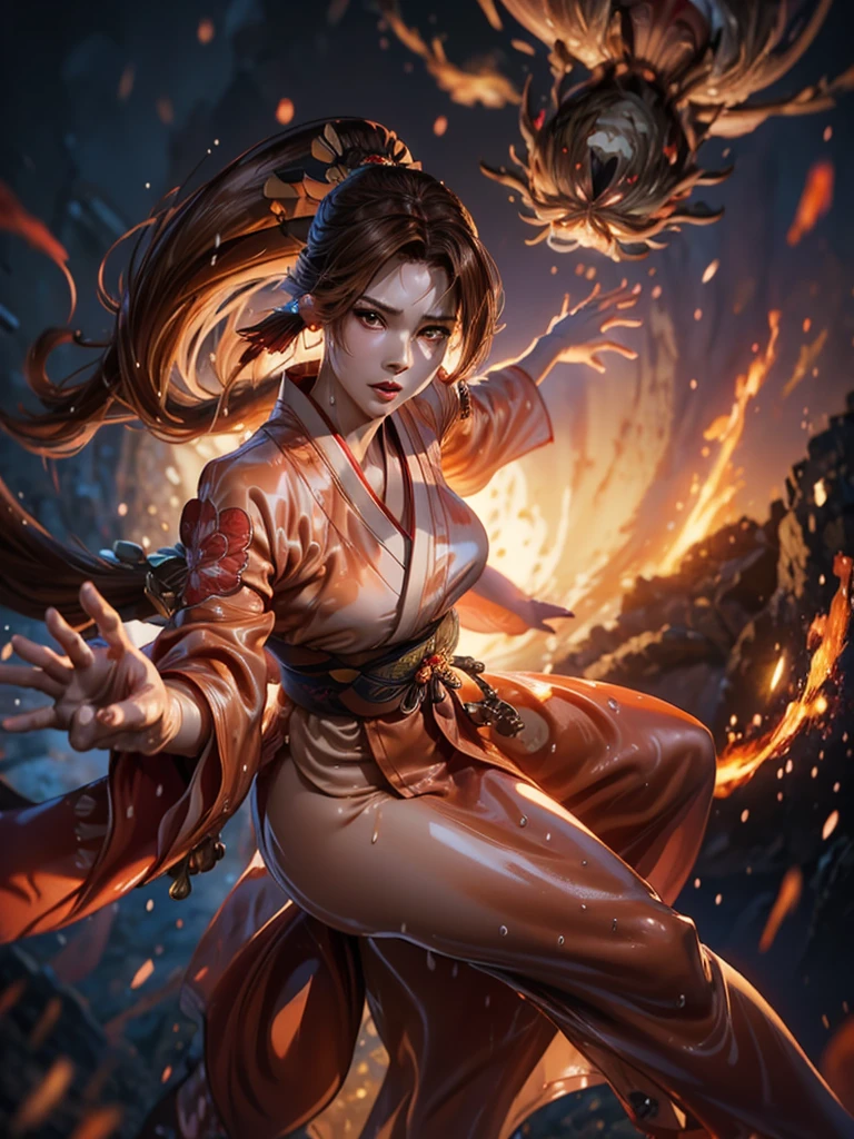 (exquisitely detailed CG unity 8k wallpaper, masterpiece-quality with stunning realism), (best illumination, best shadow), (best quality), (elegant style:1.2), Arti modern anime. angled view, heroic pose, (cel-shading style:1.3), centered image, ultra detailed closeup portrait of (Mai Shiranui:1) from (King of Fighters), best quality, expressive eyes, perfect face, highres, (ultra details), 1 girl, solo, (brown hair:1), hair ornament, eyeshadow, (gold, white and mainly red qipao:1), highly ornamented, (in Tokyo City:1), portrait, looking at the viewer, piercing eyes, full body, (light from the angle:1) (wind blowing:1.2).(depth of field effects:1.3) (motion action:1.2) (closeup:1.2) (motion blur effects:1), Thin to transparent,see-through, (((Soggy-kimono:1.2))),Lace fabric, (((water-immersed body: 0.9))), jewellery, (holding an oriental fan on fire:.8), (asian face:1), nail polish, makeup , (fighting attack pose:1.2), (spinning turning around:1), (clothing on fire with flames:1)  (closeup view:1) (angled view:1)
