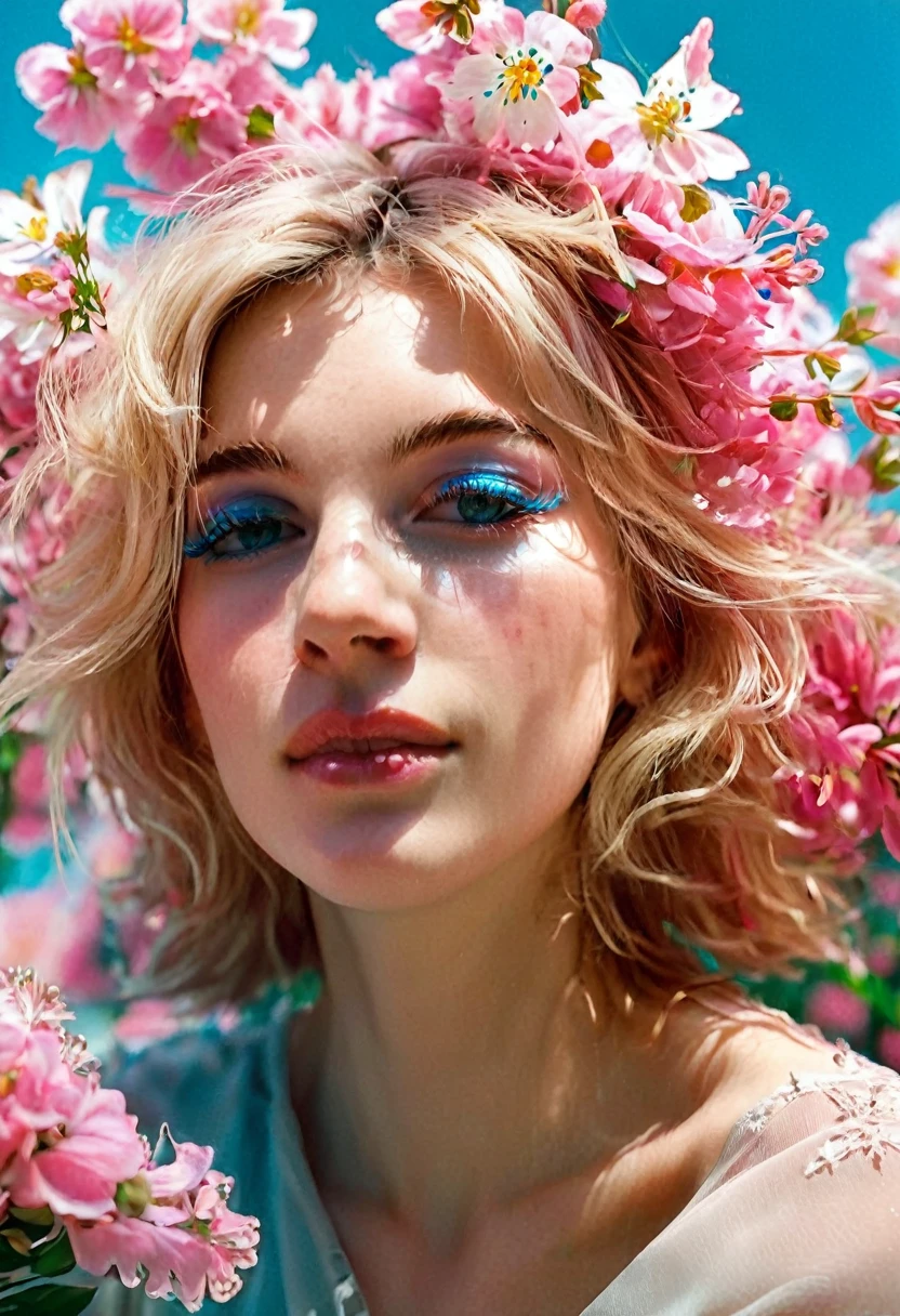 Hyperreal surreal portrait of a woman, digital artwork by Christian Hilfgott Brand, woman portrait, surreal, Hyper realistic, 8K resolution, high definition, detailed facial features, vibrant colors like pink and blue, dreamlike atmosphere, flowers in hair, gentle smile, closed eyes, mystical expression, ethereal quality, realistic texture. cinematographic photography