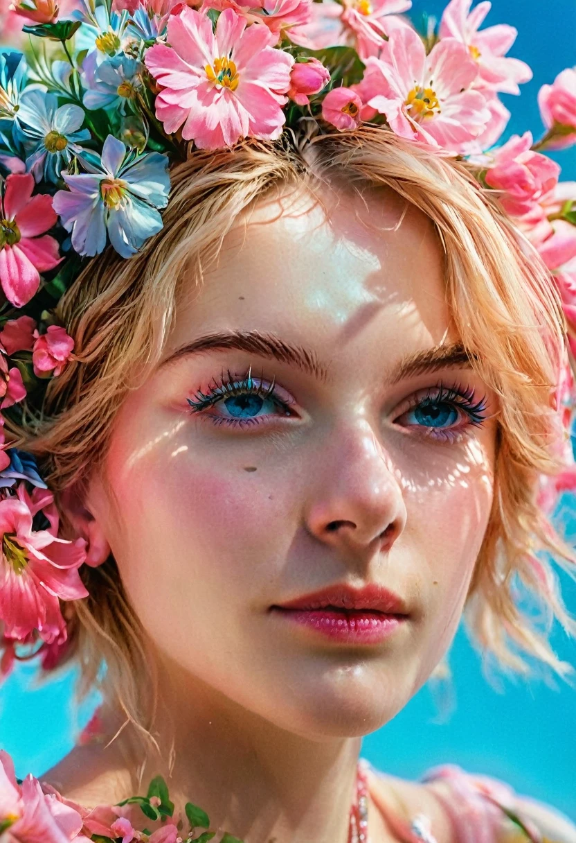 Hyperreal surreal portrait of a woman, digital artwork by Christian Hilfgott Brand, woman portrait, surreal, Hyper realistic, 8K resolution, high definition, detailed facial features, vibrant colors like pink and blue, dreamlike atmosphere, flowers in hair, gentle smile, closed eyes, mystical expression, ethereal quality, realistic texture. cinematographic photography