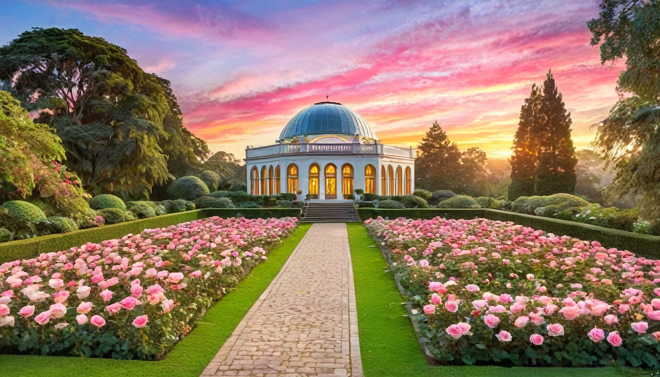 A breathtaking scene of a vast rose garden in full bloom, featuring vibrant pink roses arranged in neatly manicured bushes. The garden pathways wind through the lush rose beds, leading to an elegant observatory building with a dome. The background showcases a stunning sunset with a colorful sky, casting a warm, golden glow over the entire landscape. The surrounding mountains and trees add to the serene and picturesque atmosphere.