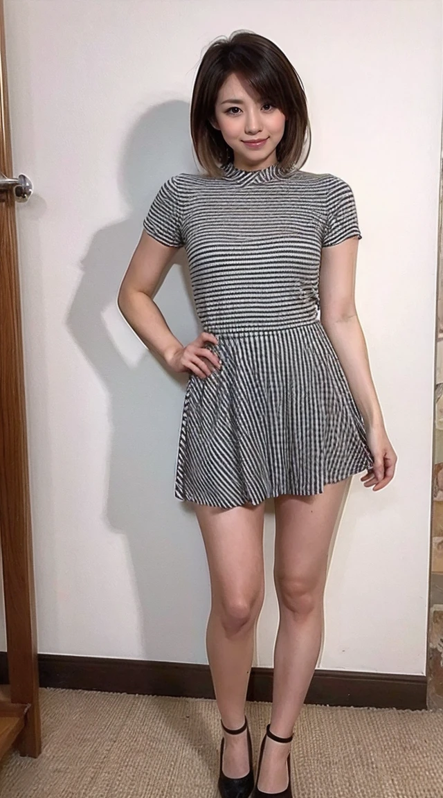 Sharp lines,Highest quality, Masterpiece、High-quality photos、Canon Photo Crystal Clear ,（Realistically:1.2）, (３Color striped mini skirt dress、vertical stripes)、Sassy pose、Take a full body photo、sweat, blush, narrow eyes, open mouth,smile、Gorgeous hairstyle