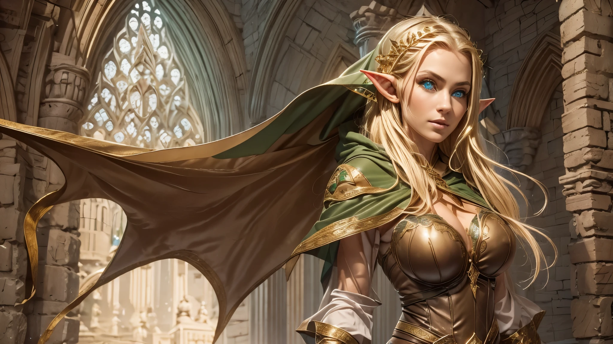 Female elf,Large breasts,Silk robes,Glowing scepter,dramatics,dynamicposes,The background is a ruin,(Mid-range portrait:1.3)