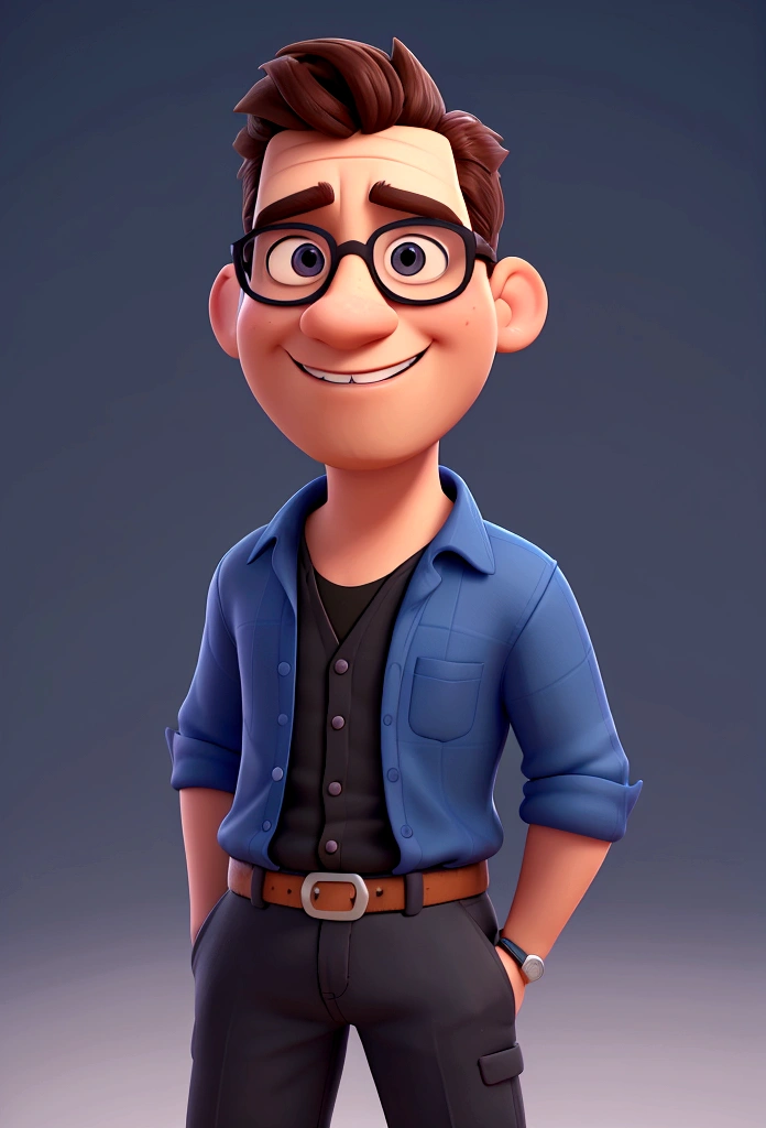 Cartoon character of a man in black glasses and blue shirt, an animated character, stylized character, animation style rendering, 3d stylized, Arnold Maya rendering, Stylized 3D rendering, toon render screenshot, 3d character, 3d character, Stylized 3D rendering, 3D character rendering, cartoon character, Personagem de close up, character posing, (Pixar-style) (master part:1.2) (bokeh) (best qualityer) (skin detailed) (detailed texture) (8K) (Argilla) (cinematic lighting) (sharp focus，Sit down and lift your upper body