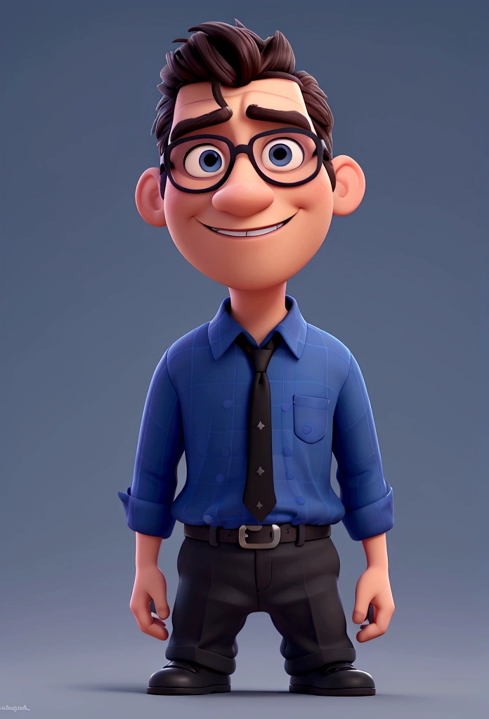 Cartoon character of a man in black glasses and blue shirt, an animated character, stylized character, animation style rendering, 3d stylized, Arnold Maya rendering, Stylized 3D rendering, toon render screenshot, 3d character, 3d character, Stylized 3D rendering, 3D character rendering, cartoon character, Personagem de close up, character posing, (Pixar-style) (master part:1.2) (bokeh) (best qualityer) (skin detailed) (detailed texture) (8K) (Argilla) (cinematic lighting) (sharp focus，Sit down and lift your upper body
